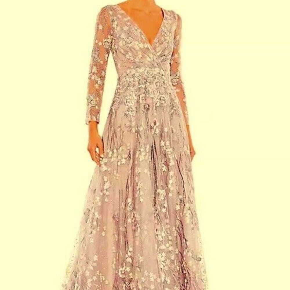 Mac Duggal Lilac Purple Floral Embroidered Long Sleeve Mesh Gown